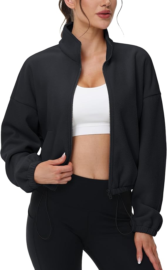 MAGCOMSEN Women's Full Zip Fleece Jacket Cropped Warm Winter Coats with Pockets Stand Collar Workout Top Drawstring Hem MAGCOMSEN Women's Full Zip Fleece Jacket Cropped Warm Winter Coats with Pockets Stand Collar Workout Top Drawstring Hem