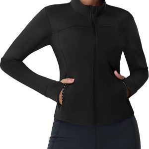 MIER Womens Workout Jackets Full Zip Up Cropped Slim Fit Lightweight Athletic Running Track Gym Tops, Thumb Holes & Pockets