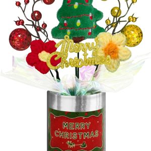 Mini Christmas Table Decoration, Handmade Plush Christmas Tree & Crochet Flowers with Silver Base, 8 Inch Small Mini Xmas Table Centerpiece for Tabletop, Countertop, Mantel, Desk, Shelf