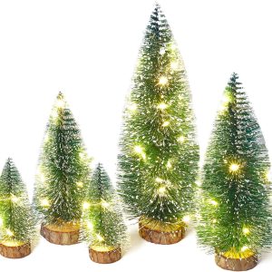 Mini Christmas Tree with Lights, Small Table Top Decorations, Desktop Miniature Pine Tree Xmas Holiday Decor Indoor Home, Bottle Brush Trees with Wooden Base, 5 Pcs with Light