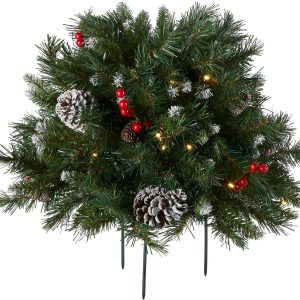 National Tree Company 18 in Pre-Lit Frosted Berry Artificial Christmas Urn Filler, Christmas Decoration with Pinecones, 35 Clear LED Lights