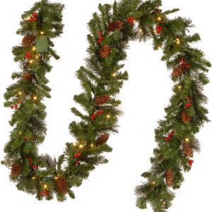 National Tree Company 9 ft Pre-Lit Crestwood Spruce Artificial Christmas Garland, Christmas Decoration with Glitter, Pinecones, Red Berries