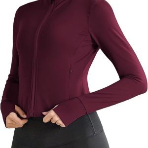 PINSPARK Women Cropped Workout Jackets Full Zip Slim Fit Athletic Jackets Thumb Holes Running Jacket with Zipper Pockets