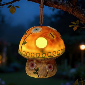 Solar Birdhouse for Outdoor Hanging, Mushroom Bird House with Lights Outside, Resin Garden Statue Decorative Nesting Box for Chick Blue Bird