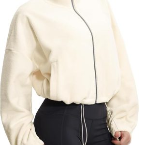 THE GYM PEOPLE Women's Fleece Cropped Jacket Full Zip Stand Collar Workout Short Sherpa Coats with Pockets Drawstring Hem