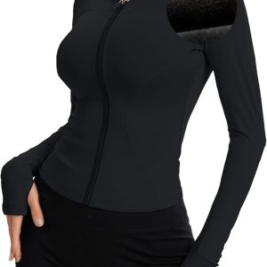 Women Bbl Jackets with Hood Compression Workout Tops Lined or Unlined Lightweight Yoga Gym Jacket with Thumb Hole