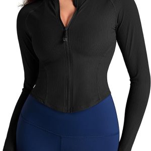 Women's Cropped Workout Jackets - Zip Up Long Sleeves Athletic Yoga Slim Fit BBL Running Jacket with Thumb Holes