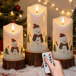 Wondise Christmas Snowman Flameless Candles, Real Wax Battery Operated with Remote Timer, Glitter White Snowman LED 3D Wick