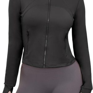 Workout Jackets for Woman: Athletic Gym Running Cropped Zip Up Tops with Thumb Holes Slim Fit Lightweight Sportswear