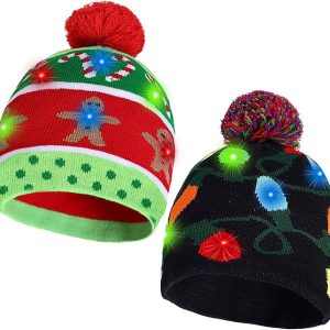 2 Pack Christmas LED Light-up Knitted Beanie Hat Colorful Flashing Holiday Xmas Christmas Party Supplies(One Size Fits More)