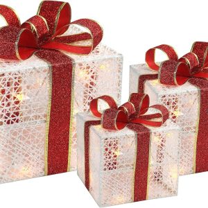 3-Piece Lighted Gift Boxes - Pre Lit Christmas Decoration with Ribbons for Indoor/Outdoor Use (8in) - Weather Resistant Yard Home Decor with Warm UL Lights