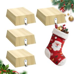 4 Pack Wooden Christmas Stocking Holders for Mantle, Christmas Stocking Hangers with Removable Tapes, Stocking Hook Christmas Ornaments for Mantle
