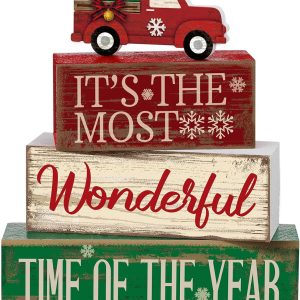 4 Pcs Christmas Decor Wooden Red Truck Winter Tiered Tray Decor Rustic Merry Christmas Table Centerpiece Wood Red Truck Block Sign Gift