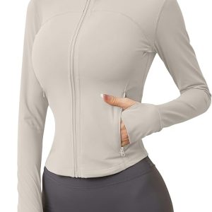 AKEWEI Womens Zip Up Workout Jackets Lightweight Athletic Slim Fit Track Jacket with Inner and Outer Pockets and Thumb Holes