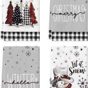Artoid Mode Black White Buffalo Plaid Snowman Xmas Trees Christmas Kitchen Towels Dish Towels, 18x26 Inch Daily Winter Decoration Hand Towels Set of 4