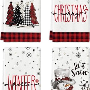 Artoid Mode Red Black Buffalo Plaid Snowman Xmas Trees Christmas Kitchen Towels Dish Towels, 18x26 Inch Daily Seasonal Winter Decoration Hand Towels Set of 4
