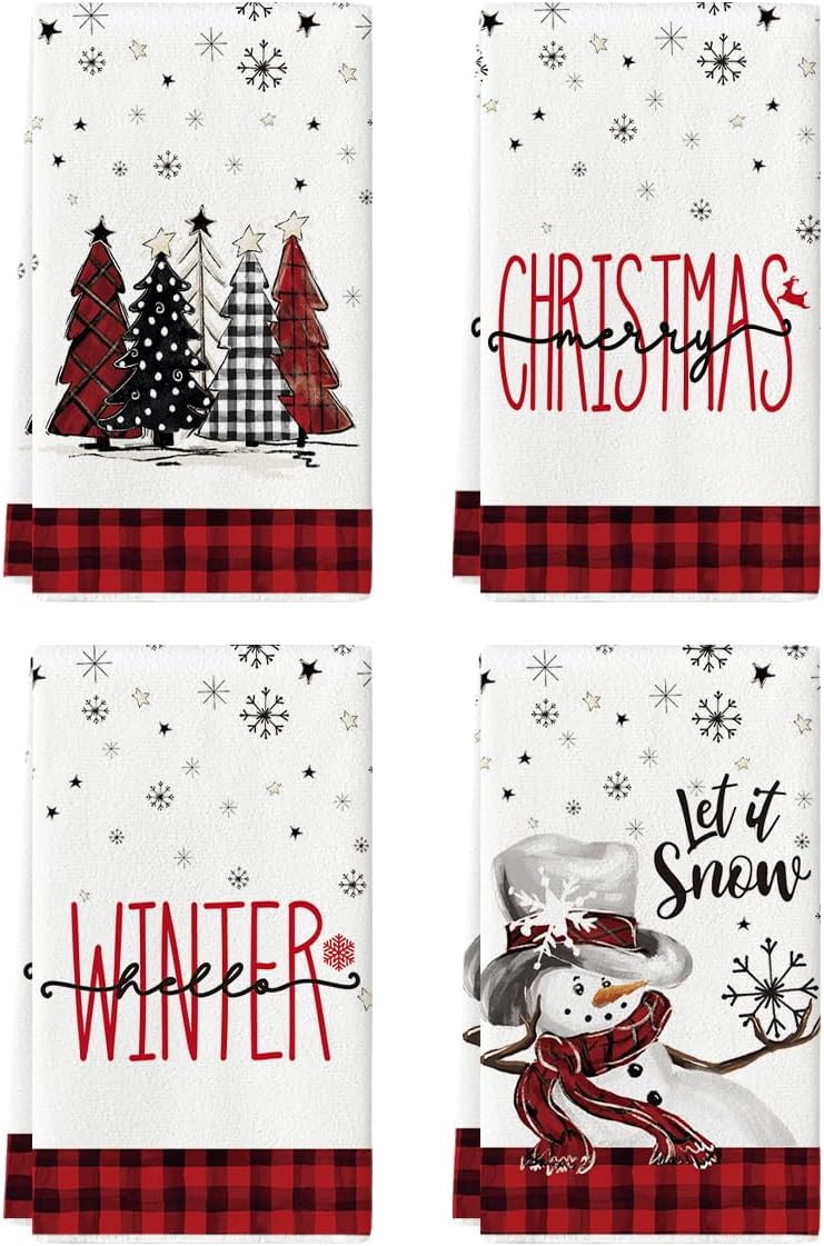 Artoid Mode Red Black Buffalo Plaid Snowman Xmas Trees Christmas Kitchen Towels Dish Towels, 18x26 Inch Daily Seasonal Winter Decoration Hand Towels Set of 4 Artoid Mode Red Black Buffalo Plaid Snowman Xmas Trees Christmas Kitchen Towels Dish Towels, 18x26 Inch Daily Seasonal Winter Decoration Hand Towels Set of 4