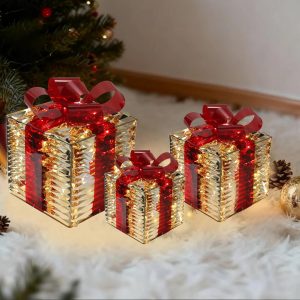 Christmas Decorations, 3-Piece Set, Box Ornaments with Bows, Illuminates Christmas Tree Skirts