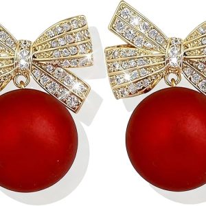 Christmas Earrings for Women Rhinestone Pearl Bow Earrings Holiday Jewelry Gifts Christmas Outfits for Women Decorations Gifts Stocking Stuffers