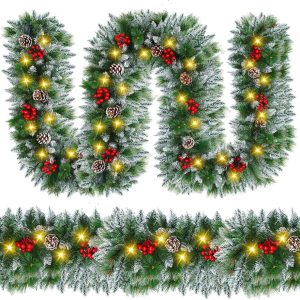 Christmas Garland with Lights - 9FT Pre-Lit Flocked Garland with 30 LED Bulbs, Red Berries, Pine Cones, Artificial Pine Battery Operated Garland