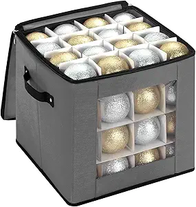 Christmas Ornament Storage Box With Adjustable Dividers,Ornament Storage Container with Two Handles for 64Holiday Decorations,Gray