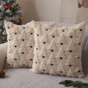 Christmas Pillow Covers 18x18 inch Set of 2 Xmas Decorations Soft Plush Faux Fur Wool Beige Christmas Tree Throw Pillow Cases Winter