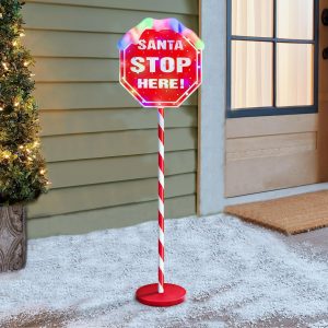 Christmas Santa Stop Here Lights 40-inch Pre-lit Christmas Yard Decorations with 30 Multi-color LEDs Battery Operated 8 Lighting Modes for Xmas Lawn Patio