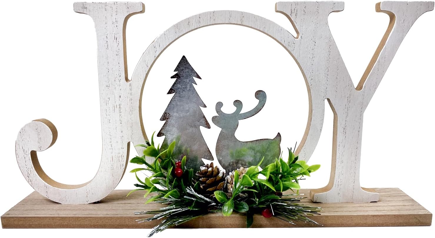 Christmas Table Decorations Joy Farmhouse Christmas Tree Elk Sign Wooden Winter Rustic Decor Vintage Holiday Block for Home