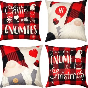 D-FantiX Gnome Christmas Pillow Covers 18x18 Set of 4, Christmas Decorations Pillow Cases Decorative Throw Pillow Covers, Pillowcase Xmas Decoration