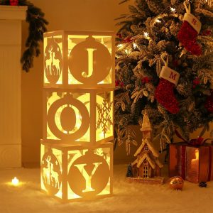 Light Up Christmas Decorations Indoor - 3pcs White Hollow-Out Paper Joy Boxes with Warm Light String