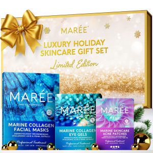 MAREE Holiday Skincare Gift Set — Under Eye Patches, Collagen Face Mask & Cute Pimple Patches for Face — Christmas Gifts & Stocking Stuffers for Women and Men