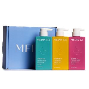 MEDIX Smooth & Glow 3PC Skin Care Set | Glycolic Acid Exfoliating Body Wash Gel + Brightening Vitamin C Cream + Firming Retinol Body Lotion Gift Box
