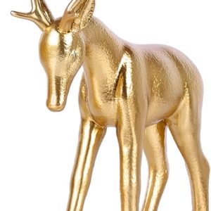 QIANLING Gold Reindeer Christmas Decor Figurines - Hand-Painted Resin Deer Statues for Tabletop, Mantel, or Shelf, Elegant Gold Reindeer Decor