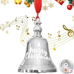 Sliver Musical Bell Ornament with Hanging Red Yarn Rope, 8 Songs Christmas Bells for Decoration, Bells Christmas Decor for Weddings, Parties, Christmas Wreaths