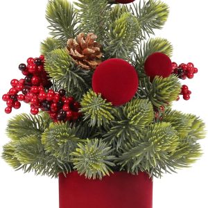 Small Christmas Tree, 12Inch Artificial Burgundy Velvet Ball Berry Mini Tabletop Christmas Decorations, for Home Party Thankgivings Xmas Indoor Decor