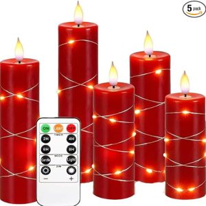 Upinmz Red Flameless Candle with Remote Control and Timer,Flickering Battery Operated Candles with String Lights,LED Pillar Candles,Set of 5