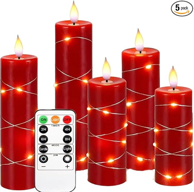 Upinmz Red Flameless Candle with Remote Control and Timer,Flickering Battery Operated Candles with String Lights,LED Pillar Candles,Set of 5 Upinmz Red Flameless Candle with Remote Control and Timer,Flickering Battery Operated Candles with String Lights,LED Pillar Candles,Set of 5