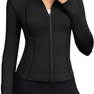 Workout Jackets for Women Lightweight Zip Up Slim Fit Yoga Sportwear Stretchy Crooped Running Jacket with Thumb Holes