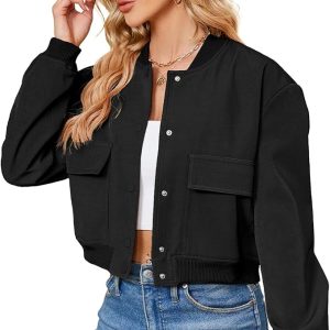 Zando Bomber Jacket Women 2025 - Short Cropped Jacket Women Button Down Long Sleeve Casual Varsity Jackets with Pockets