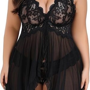 Avidlove Plus Size Lingerie for Women Sexy Lingerie Dress Lace Babydoll Lingerie V-Neck Open Front Strap Nightdress