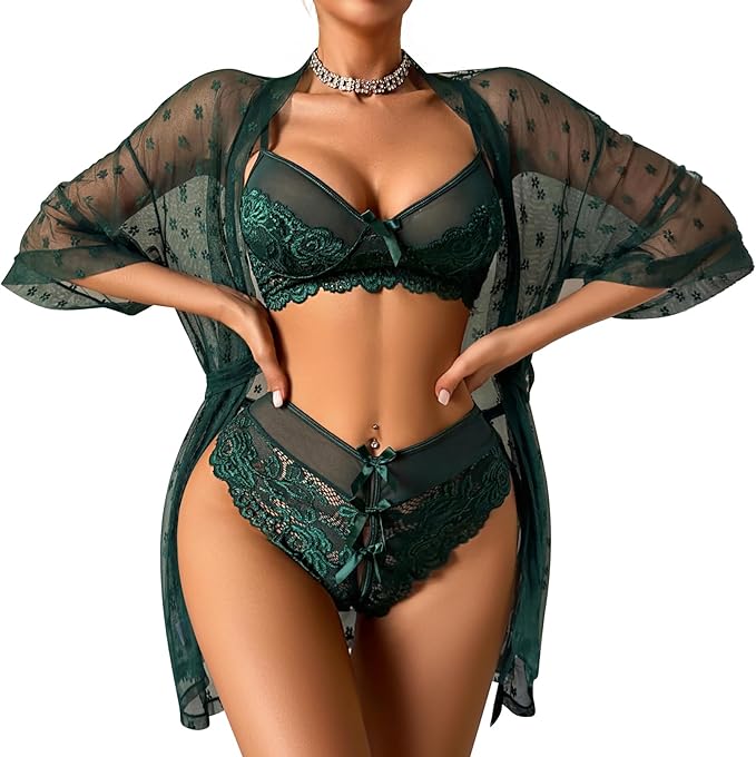 Avidlove Women Sexy Lingerie Set 3 Piece Lace Kimono Robe with Bra and Panty Nightgown Sleepwear Avidlove Women Sexy Lingerie Set 3 Piece Lace Kimono Robe with Bra and Panty Nightgown Sleepwear