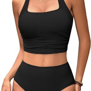 BMJL Womens High Waisted Bikini Set Halter Two Piece Swimsuit Ribbed Ruched Tummy Control Bathing Suit with Built-in Bra