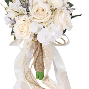 CEWOR Wedding Bouquets for Bride Bridesmaid, White Champagne Artificial Roses Flowers Wedding Decoration (7.5in)