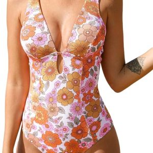 CUPSHE Women's One Piece Swimsuit Deep V Neck Keyhole Cutout O Ring Textured Bathing Suit