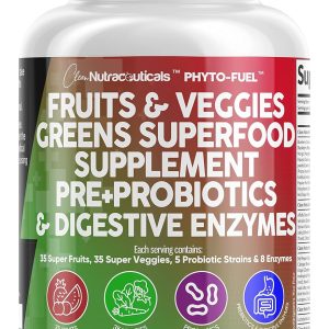 Clean Nutraceuticals Fruits and Veggies Supplement Reds & Green Superfood - Balance of Over 70 Fruit & Vegetable Supplements Capsules with Probiotics Prebiotics Digestive Enzymes - 120 Ct USA