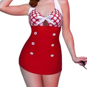 Ekouaer Bathing Suits for Women One Piece Swimsuits Vintage Swimdress Retro Pinup Bikini Black Pink Medium