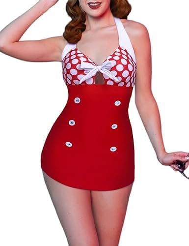 Ekouaer Bathing Suits for Women One Piece Swimsuits Vintage Swimdress Retro Pinup Bikini Black Pink Medium