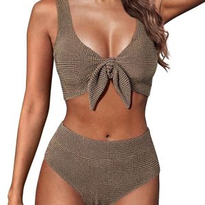 Hanna Nikole Women High Waisted Bikini Sets, Two Piece Swimsuit Tummy Control, Textured Bathing Suits, Tie Knot Swimwear