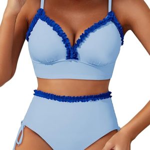 Herseas Women's Splice Ruffle Trim Bikini Sets Tie Side Swimsuits High Waisted Bathing Suits
