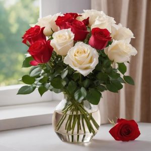 KaBloom PRIME NEXT DAY DELIVERY - Summer Collection - Holiday Collection: 12 Red and white Roses with Vase
